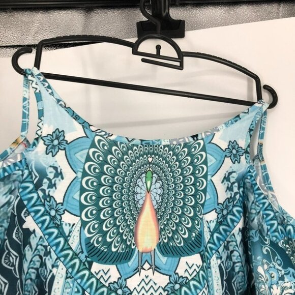 NWT teal blue cold  shoulder peacock print dress small - Picture 7 of 16